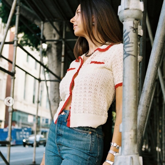 Doen Gloriana Alpaca Silk Collar Crochet Knit Button Sweater Top Moonstone Red - Picture 6 of 14